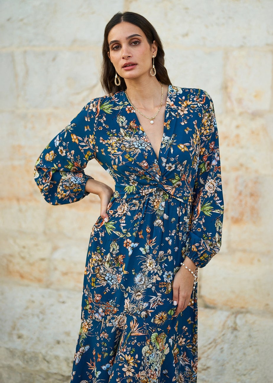 Yumi Blue Butterfly Floral Tie Knot Front Long Sleeve Midi Dress