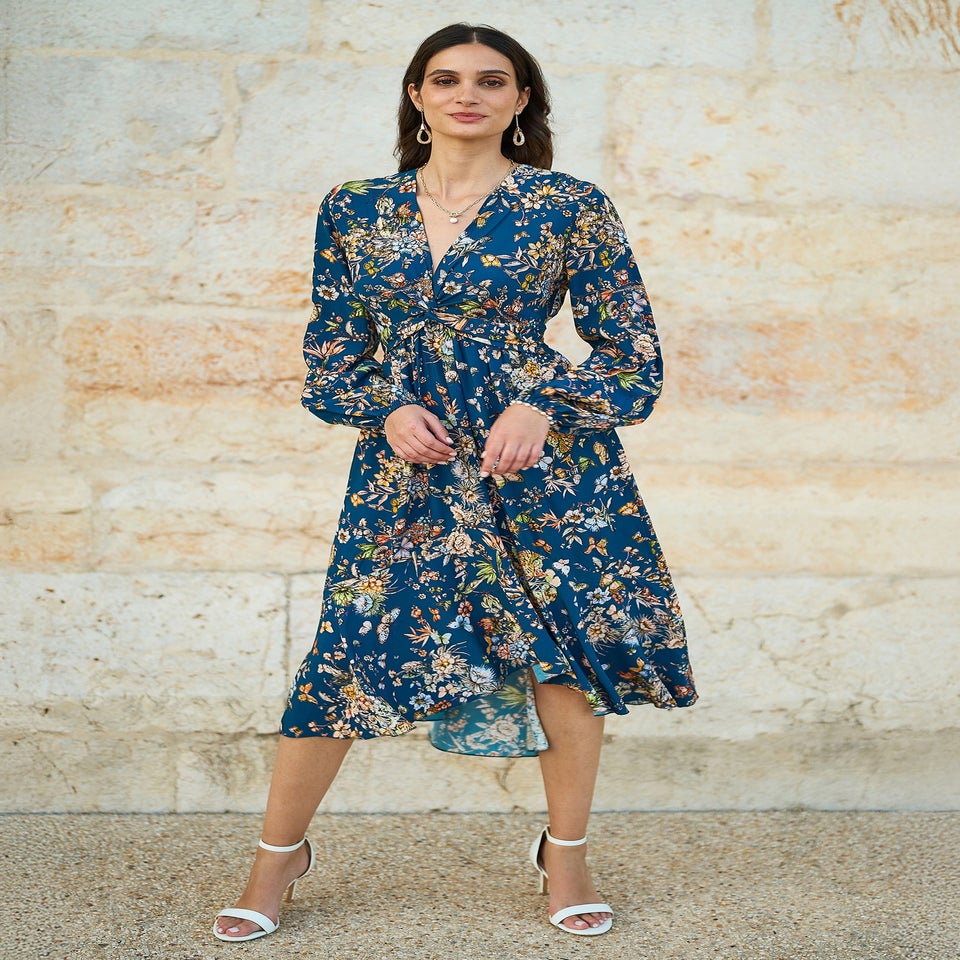 Yumi Blue Butterfly Floral Tie Knot Front Long Sleeve Midi Dress