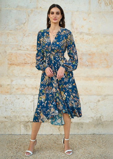 Yumi Blue Butterfly Floral Tie Knot Front Long Sleeve Midi Dress