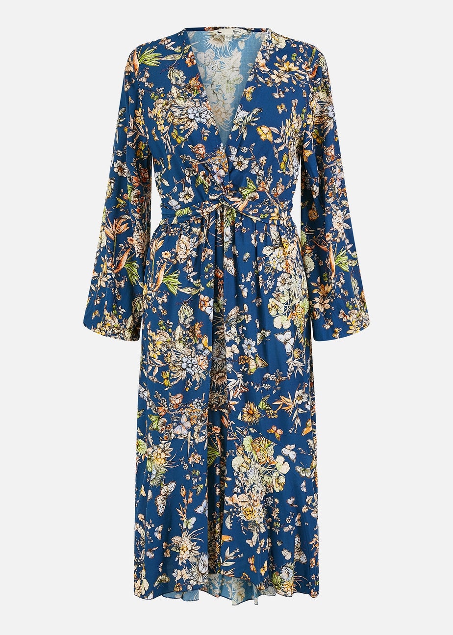 Yumi Blue Butterfly Floral Tie Knot Front Long Sleeve Midi Dress