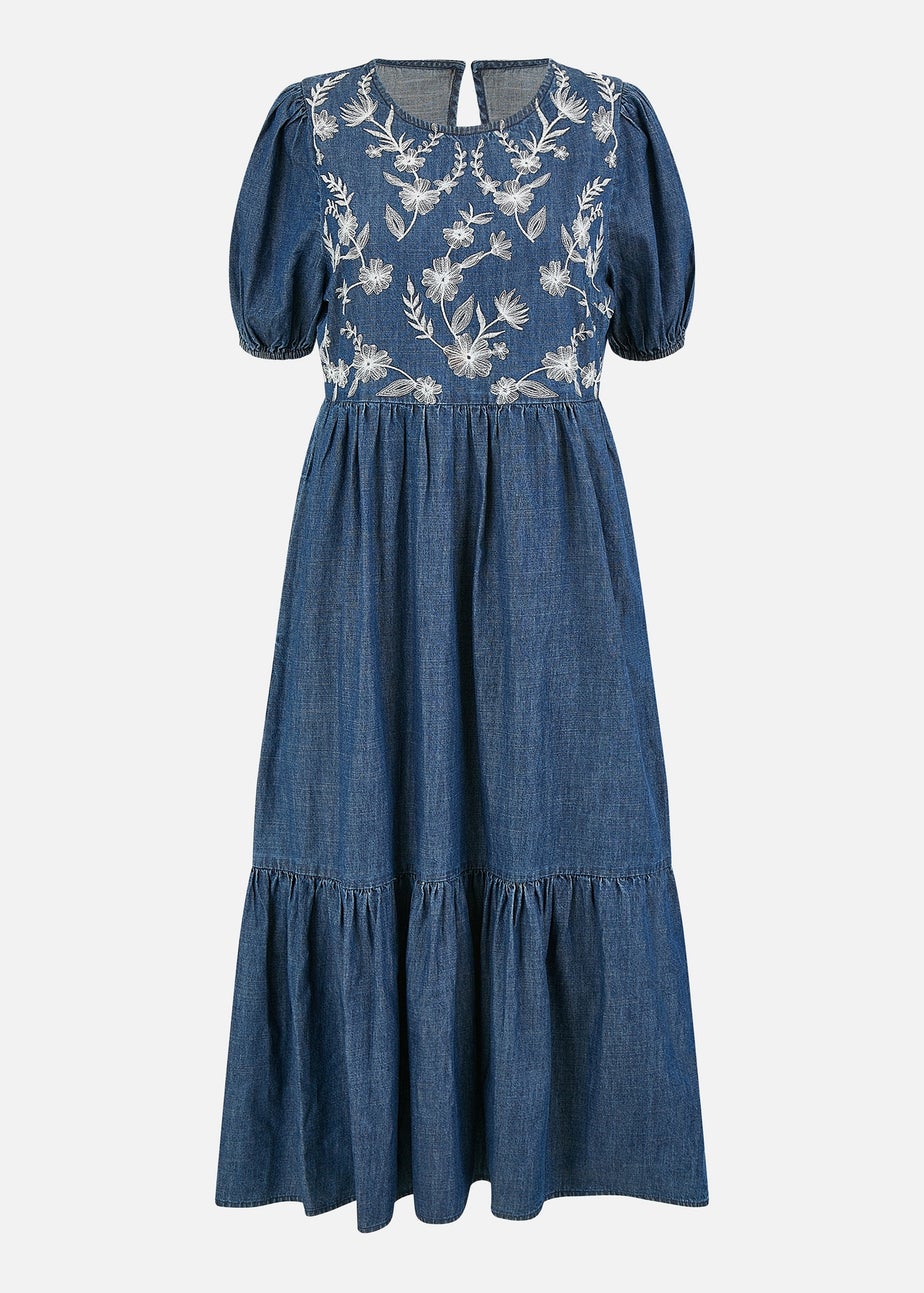 Yumi Blue Chambray Denim Midi Dress With Embroidery & Puff Sleeves