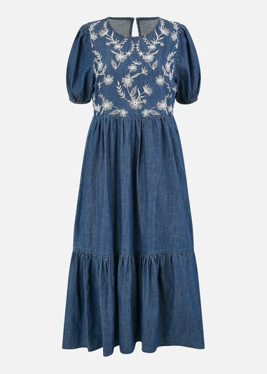 Yumi Blue Chambray Denim Midi Dress With Embroidery & Puff Sleeves