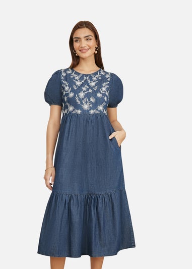 Yumi Blue Chambray Denim Midi Dress With Embroidery & Puff Sleeves