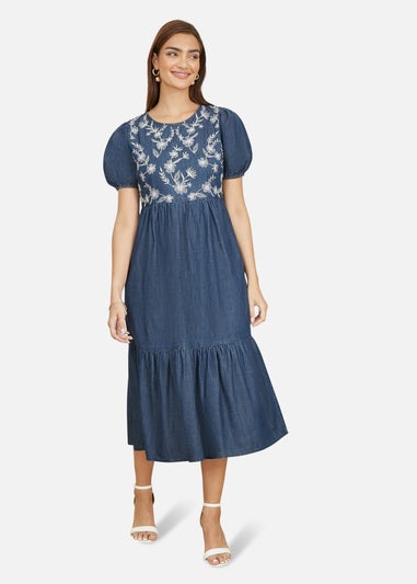Yumi Blue Chambray Denim Midi Dress With Embroidery & Puff Sleeves