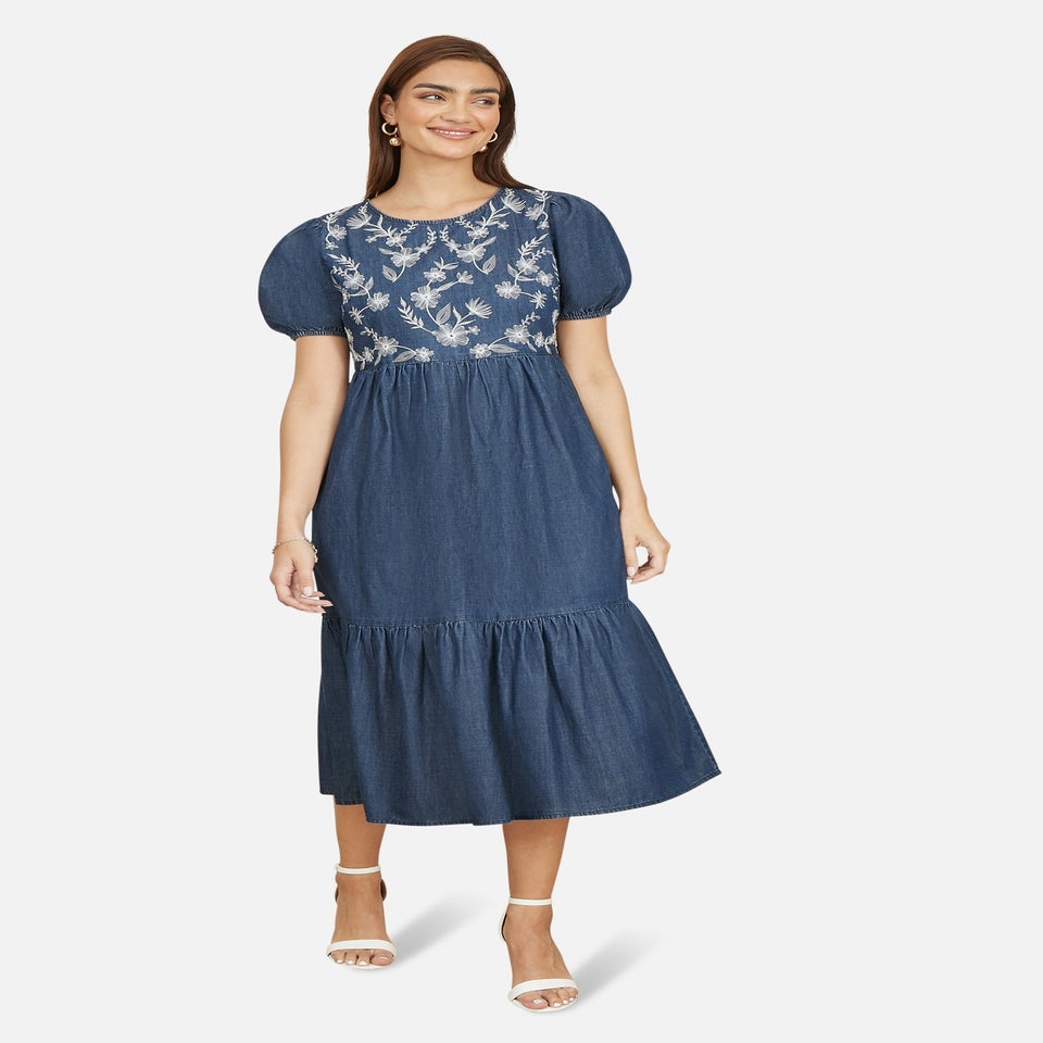 Yumi Blue Chambray Denim Midi Dress With Embroidery & Puff Sleeves