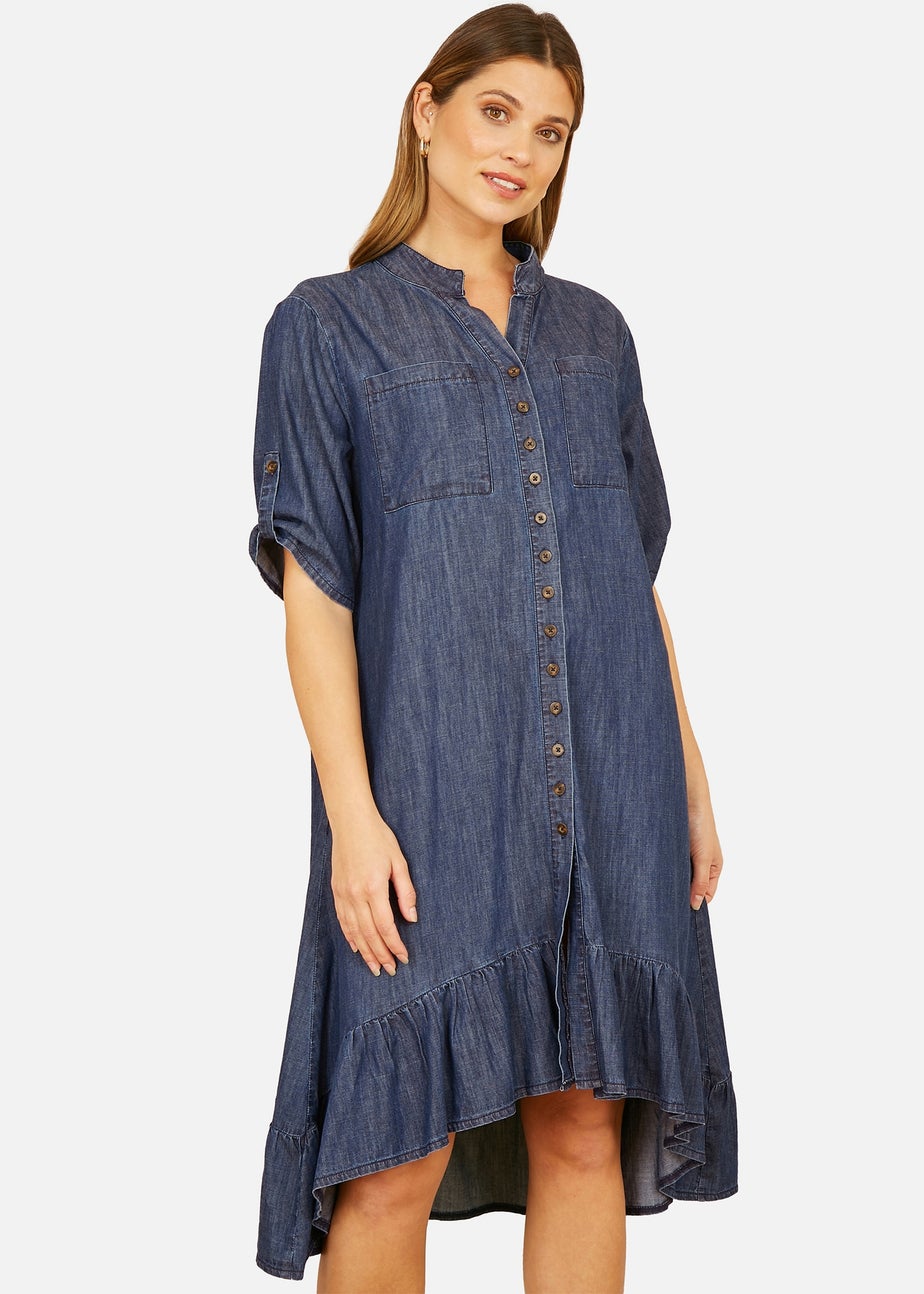 Yumi Blue Chambray Denim Dip Hem Relaxed Fit Shirt Dress