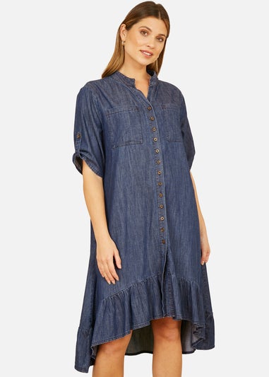 Yumi Blue Chambray Denim Dip Hem Relaxed Fit Shirt Dress