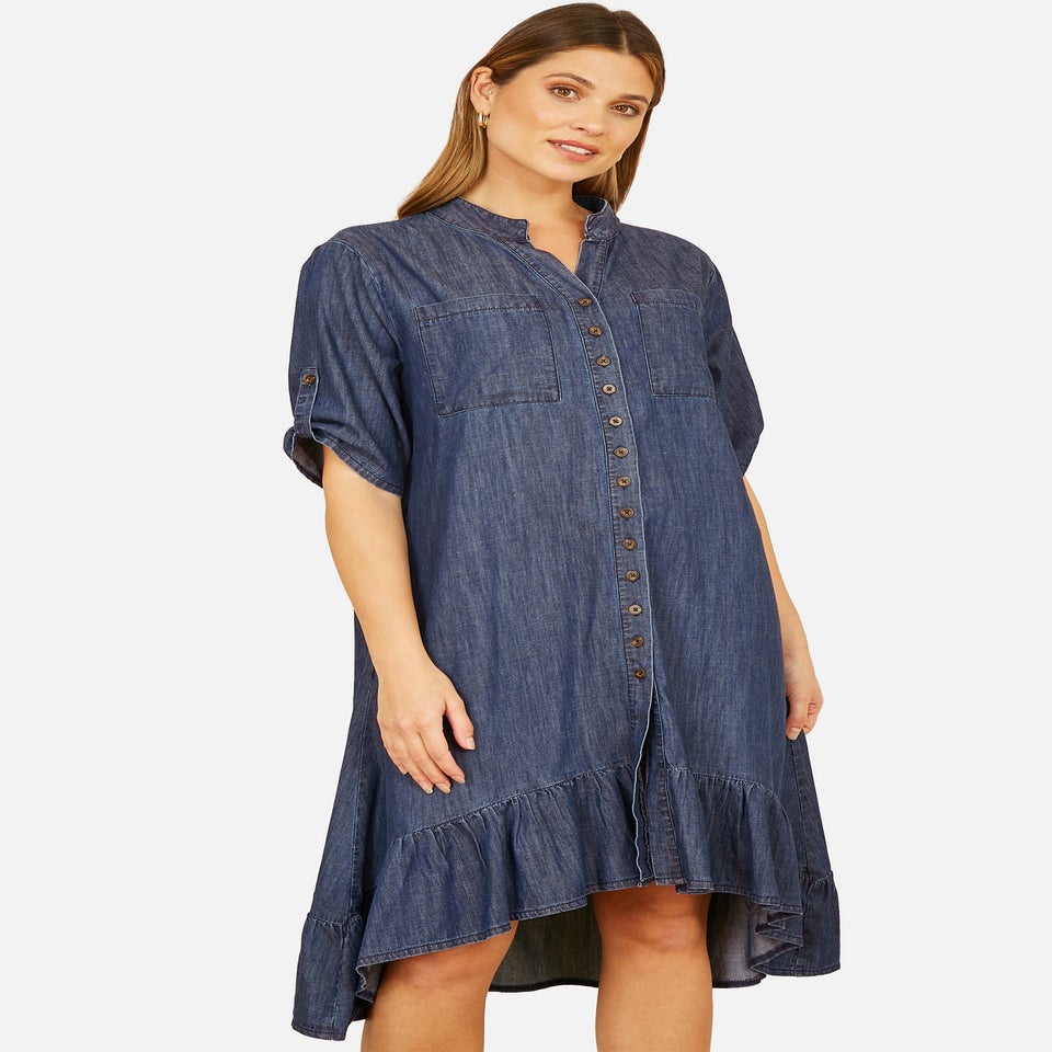 Yumi Blue Chambray Denim Dip Hem Relaxed Fit Shirt Dress