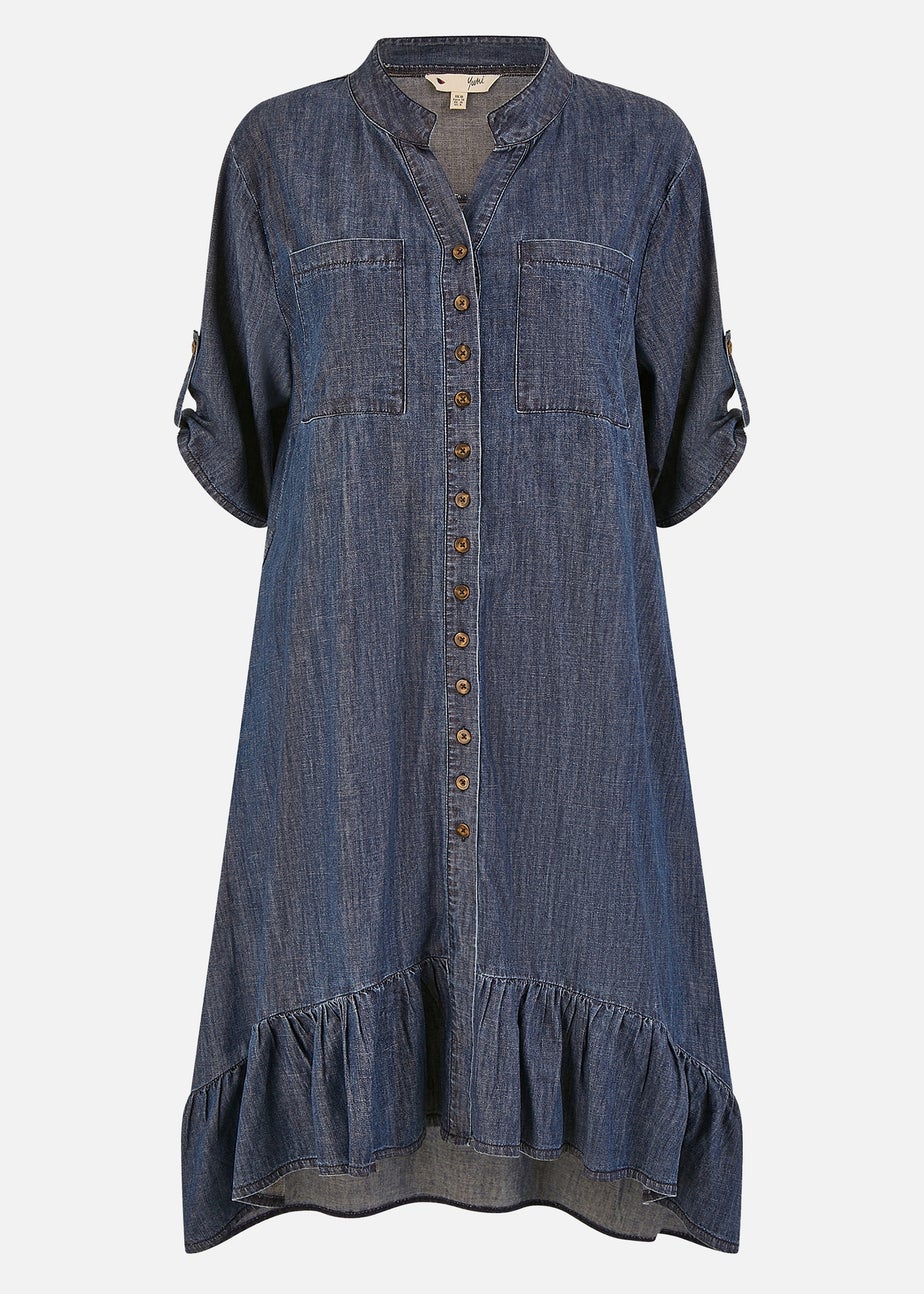 Yumi Blue Chambray Denim Dip Hem Relaxed Fit Shirt Dress