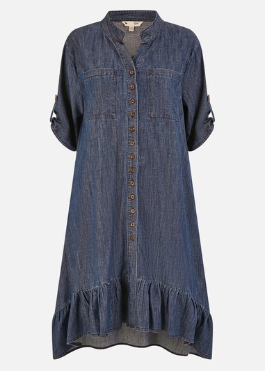 Yumi Blue Chambray Denim Dip Hem Relaxed Fit Shirt Dress
