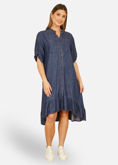 Yumi Blue Chambray Denim Dip Hem Relaxed Fit Shirt Dress