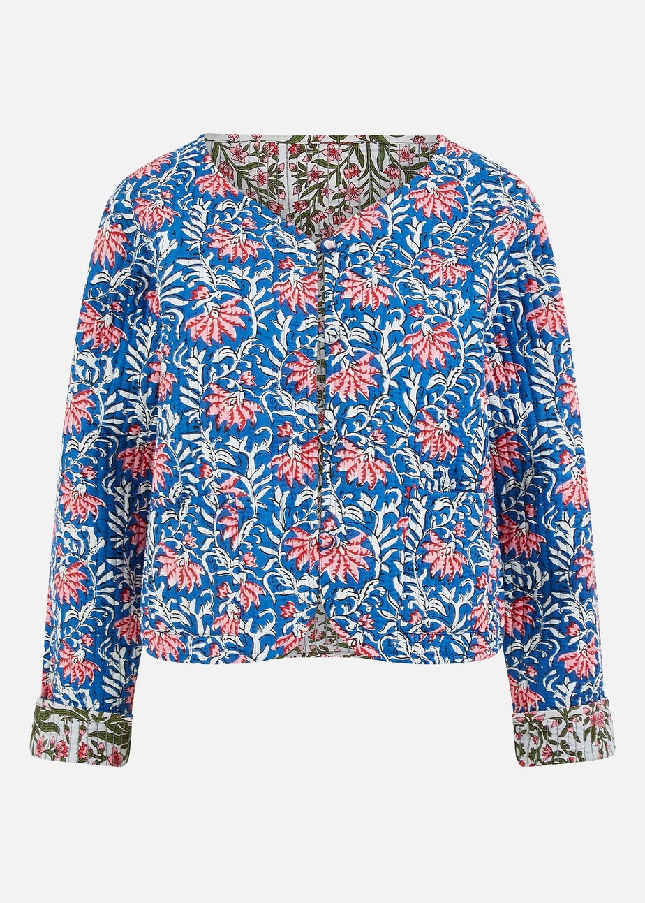 Yumi Blue Floral Reversible Cotton Quilted Jacket