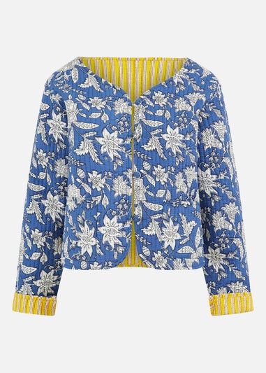 Yumi Blue Floral Reversible Cotton Quilted Jacket