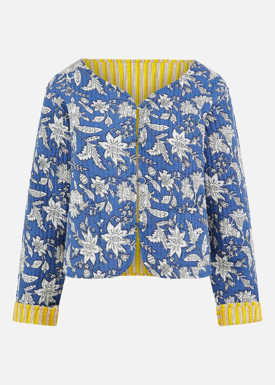 Yumi Blue Floral Reversible Cotton Quilted Jacket
