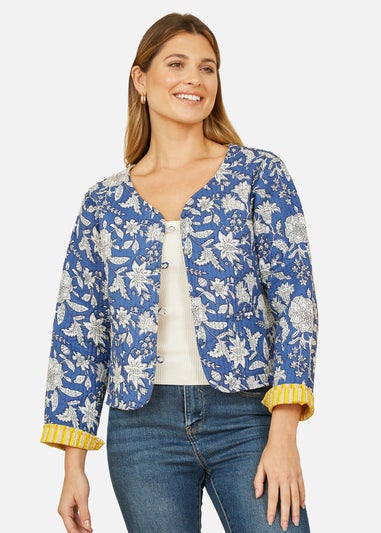 Yumi Blue Floral Reversible Cotton Quilted Jacket
