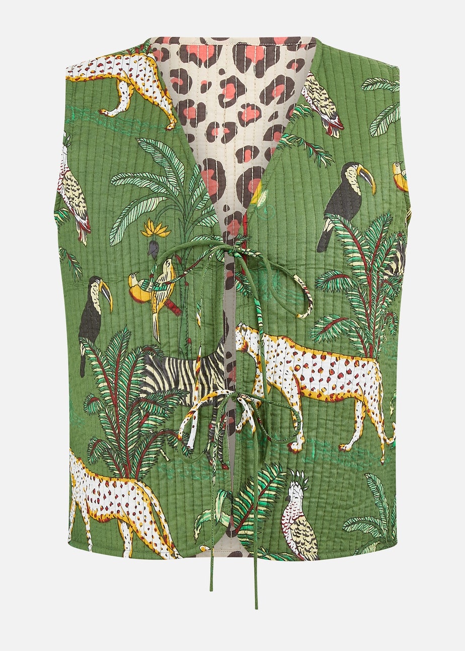 Yumi Green Animal Reversible Cotton Quilted Waistcoat