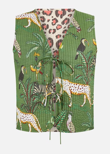 Yumi Green Animal Reversible Cotton Quilted Waistcoat