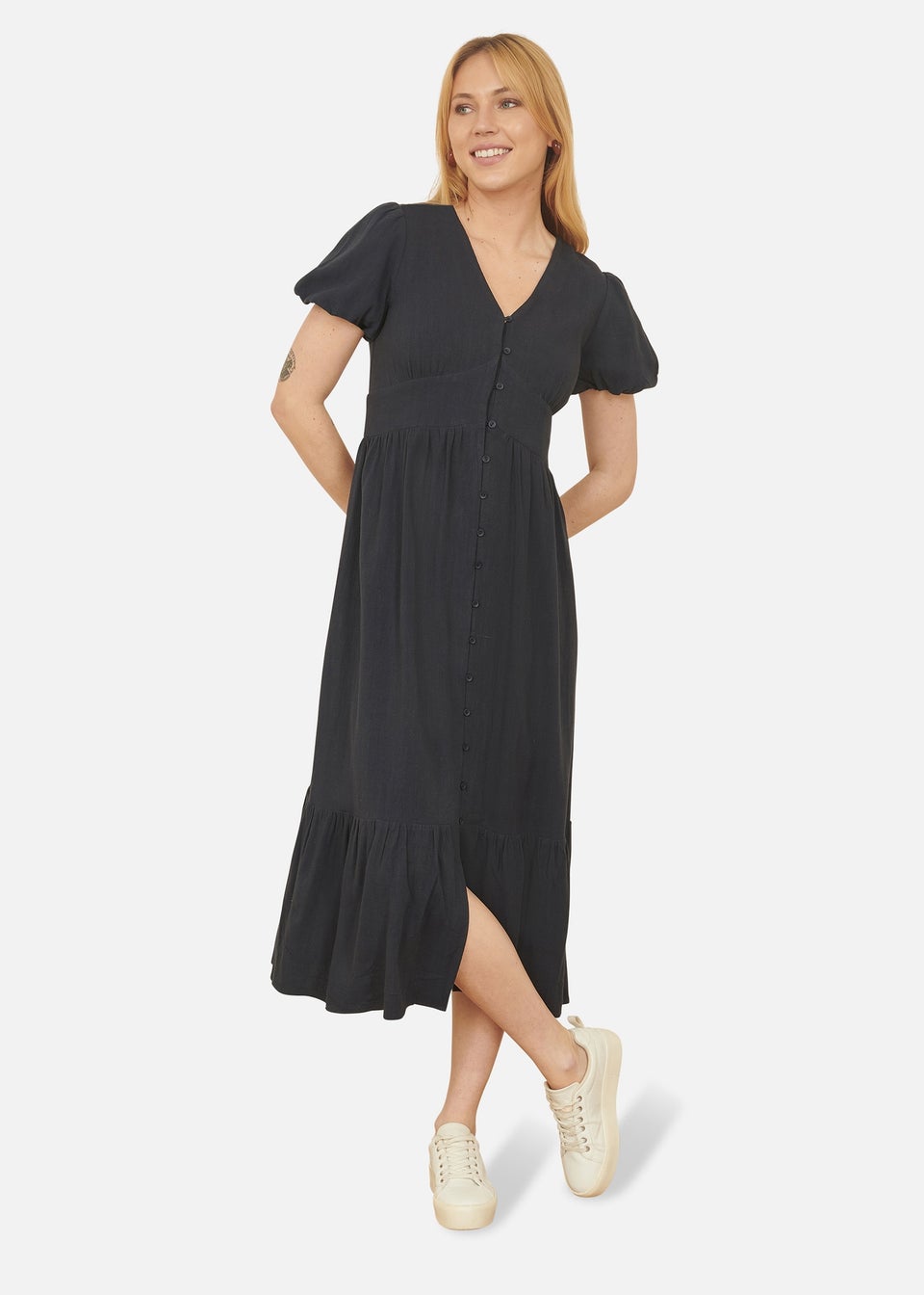Yumi Navy Viscose Button Through Midi Dress