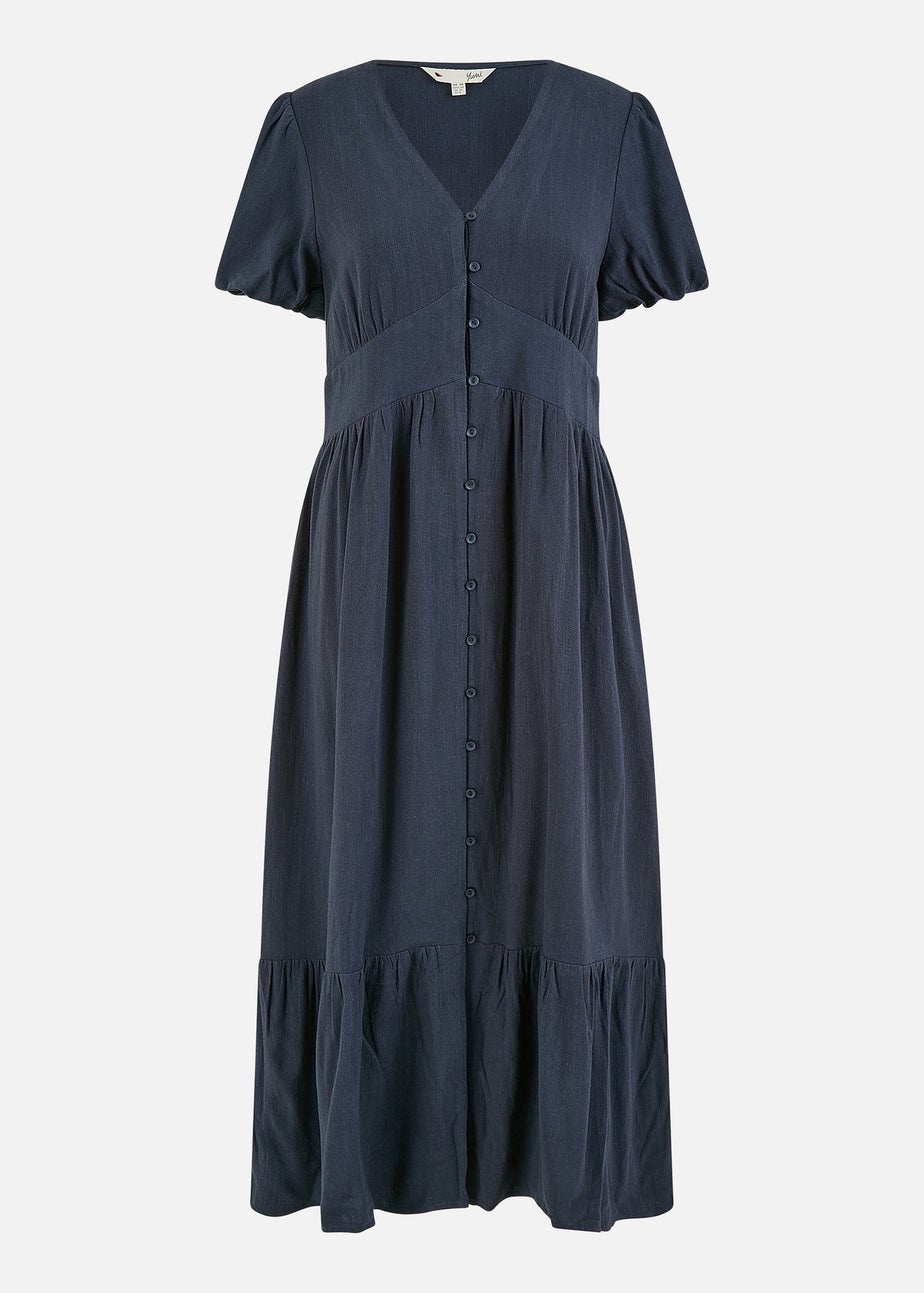 Yumi Navy Viscose Button Through Midi Dress