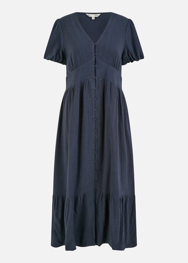 Yumi Navy Viscose Button Through Midi Dress