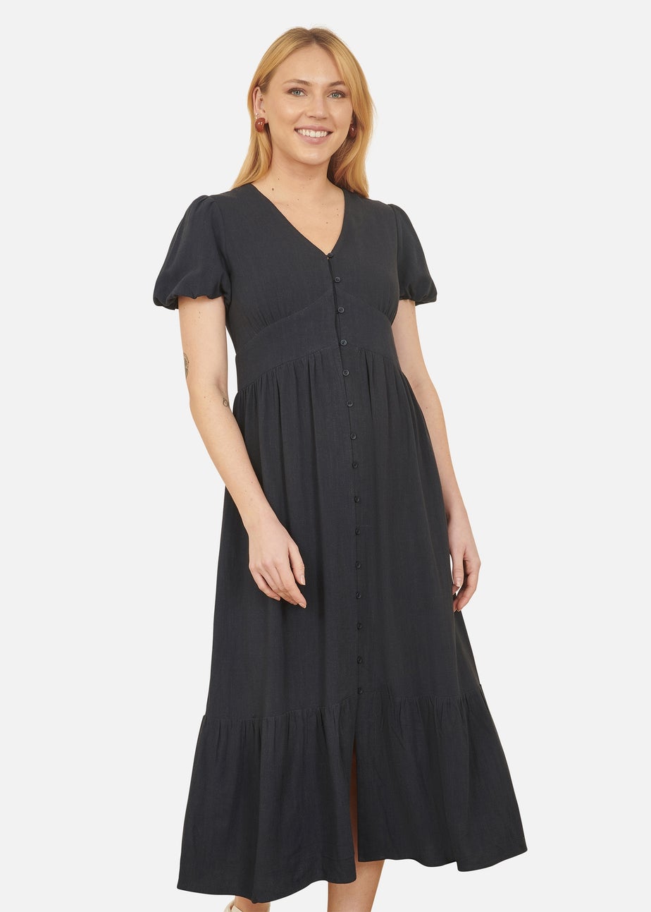 Yumi Navy Viscose Button Through Midi Dress