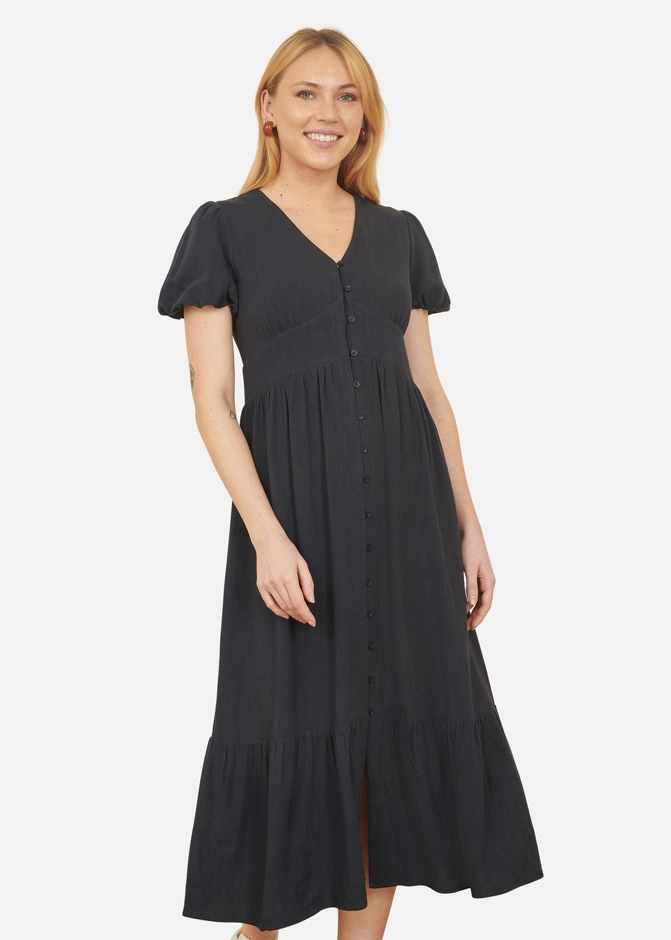 Yumi Navy Viscose Button Through Midi Dress