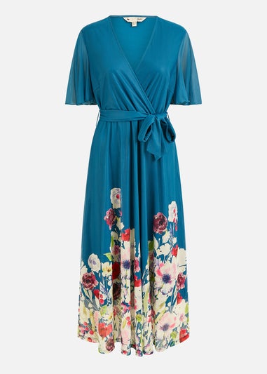 Yumi Teal Mesh Wrap Midi Dress With Floral Hem Border