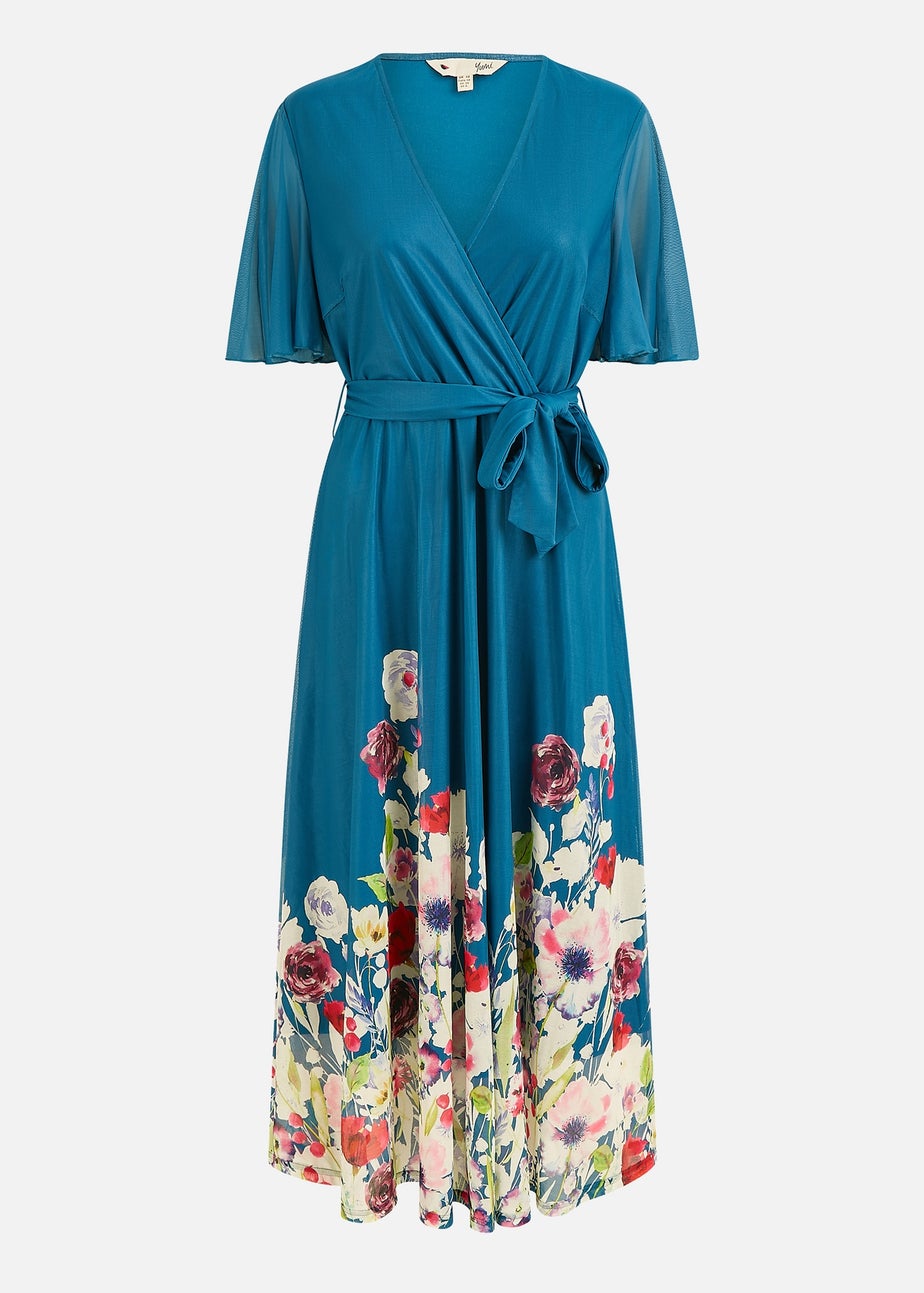 Yumi Teal Mesh Wrap Midi Dress With Floral Hem Border