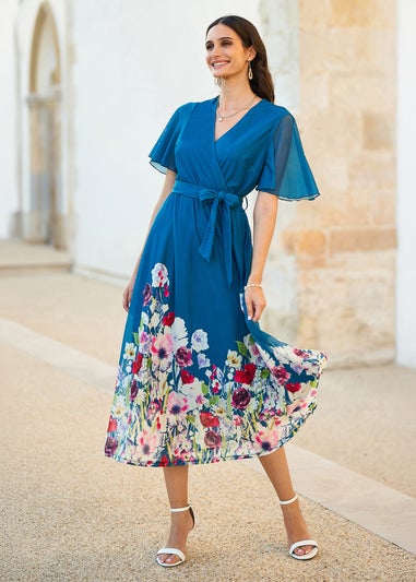 Yumi Teal Mesh Wrap Midi Dress With Floral Hem Border