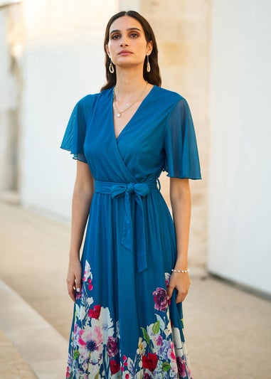 Yumi Teal Mesh Wrap Midi Dress With Floral Hem Border