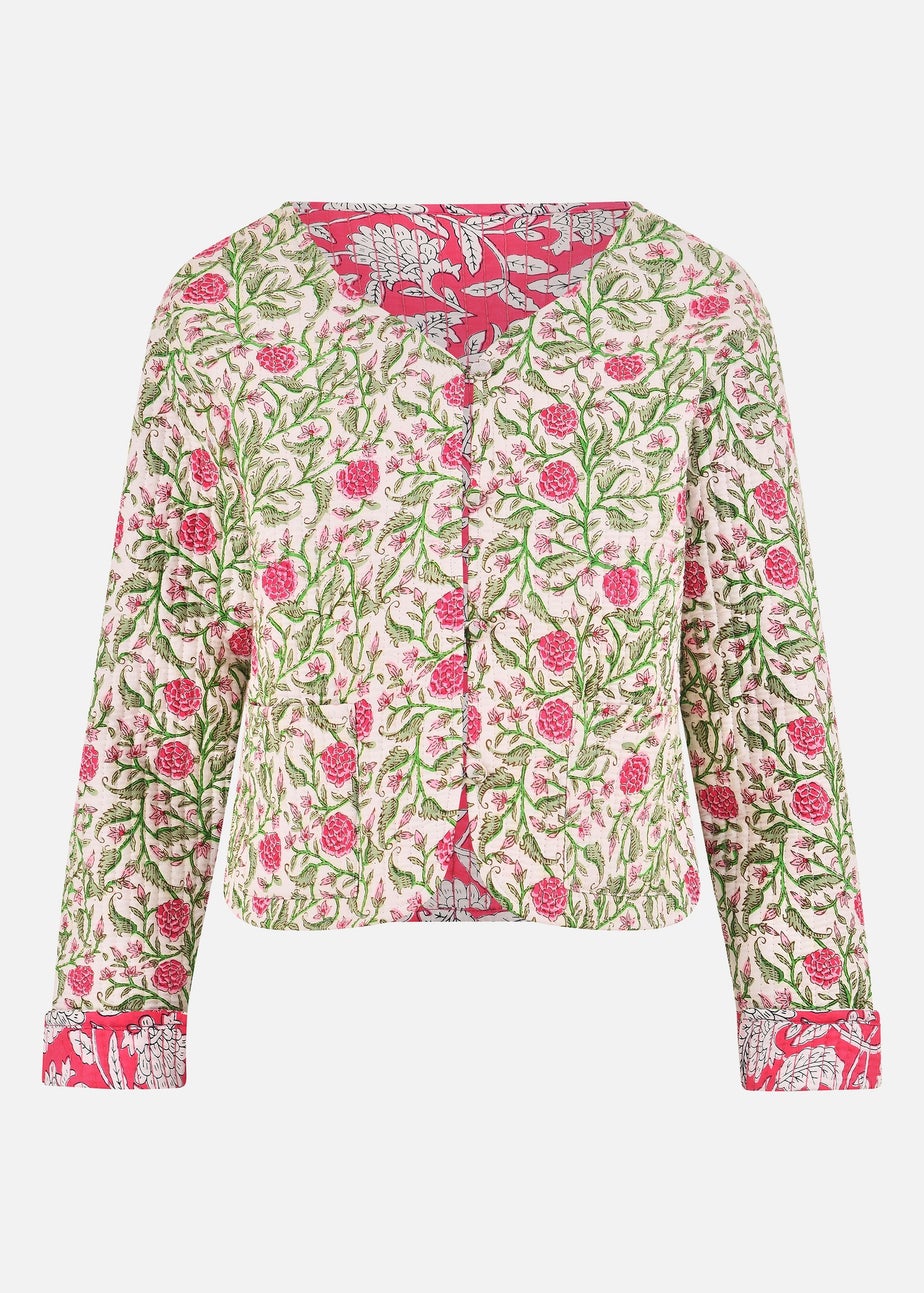 Yumi White Floral Reversible Cotton Quilted Jacket