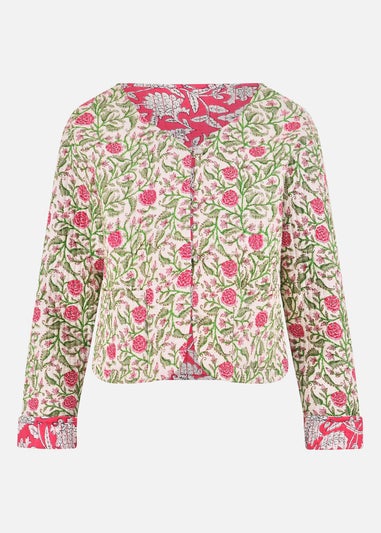 Yumi White Floral Reversible Cotton Quilted Jacket