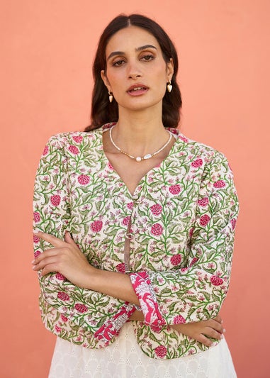 Yumi White Floral Reversible Cotton Quilted Jacket