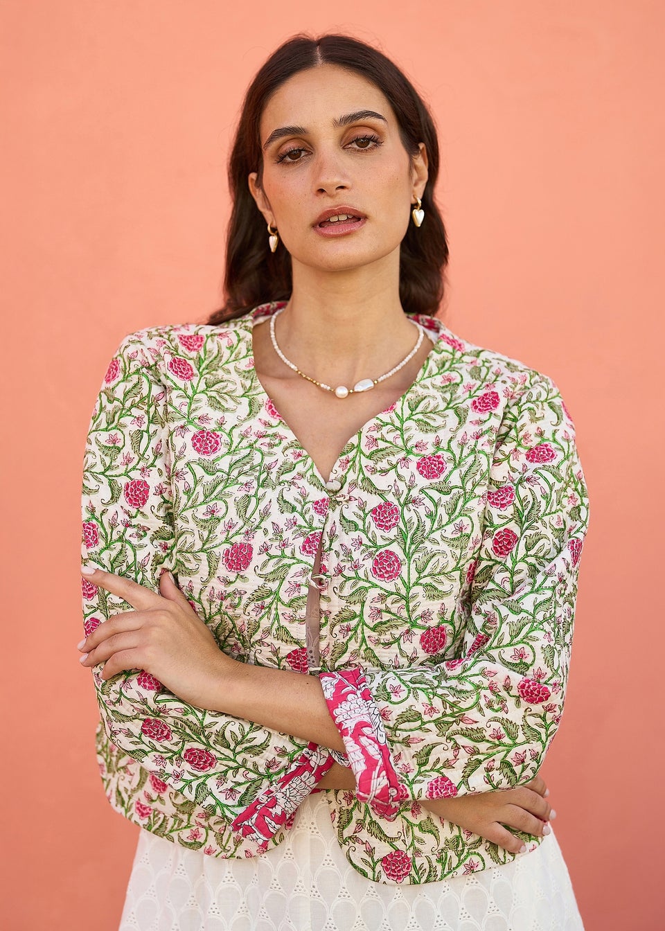 Yumi White Floral Reversible Cotton Quilted Jacket