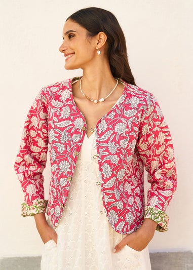 Yumi White Floral Reversible Cotton Quilted Jacket