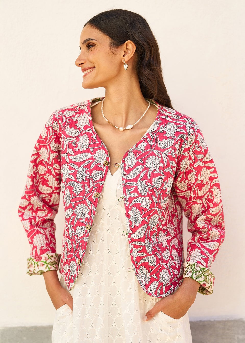 Yumi White Floral Reversible Cotton Quilted Jacket