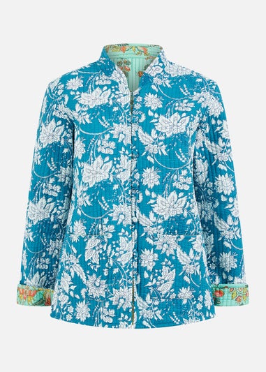 Yumi Teal Floral Reversible Cotton Quilted Jacket