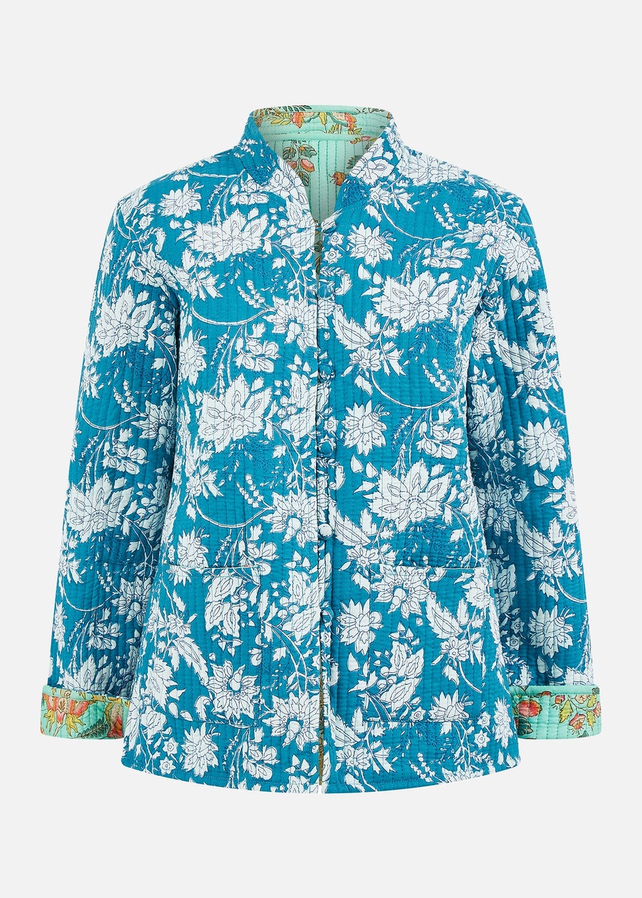 Yumi Teal Floral Reversible Cotton Quilted Jacket