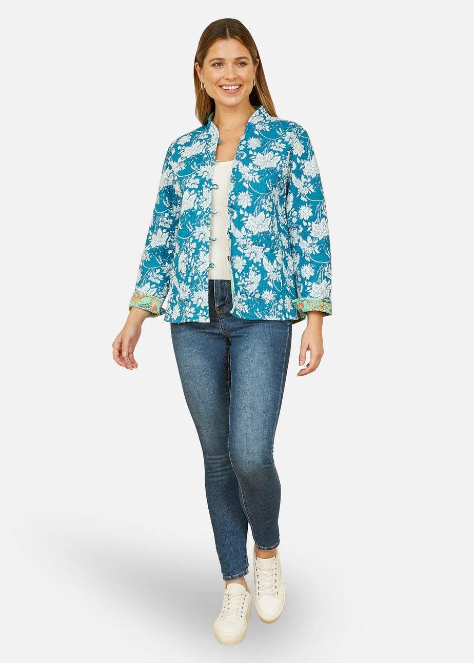 Yumi Teal Floral Reversible Cotton Quilted Jacket