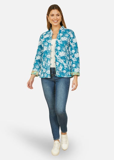 Yumi Teal Floral Reversible Cotton Quilted Jacket