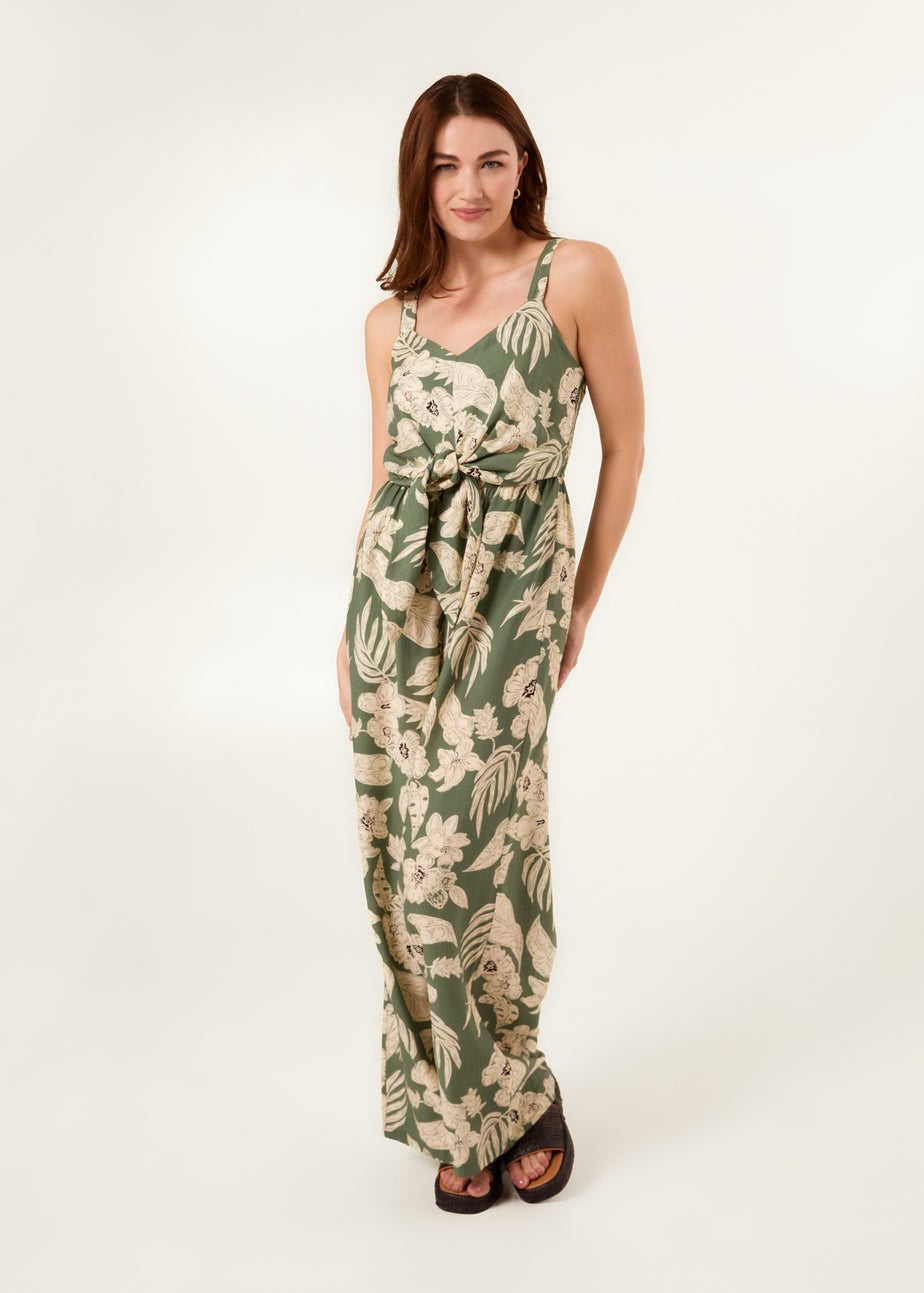 Blue Vanilla Khaki Tropical Print Tie Front Jumpsuit