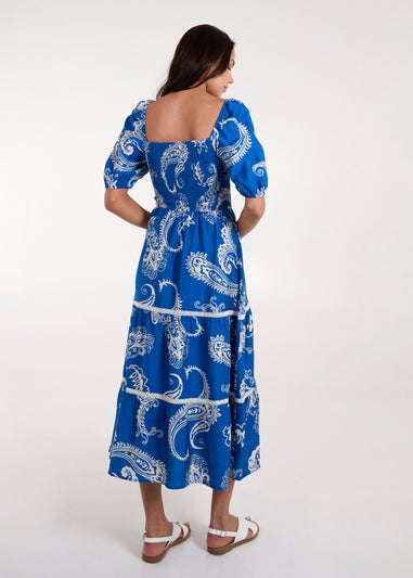 Blue Vanilla Blue Square Neck Puff Sleeve Shirred Waist Midi Dress