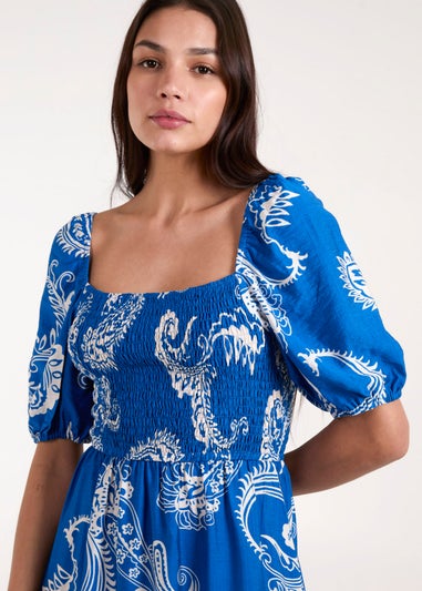 Blue Vanilla Blue Square Neck Puff Sleeve Shirred Waist Midi Dress