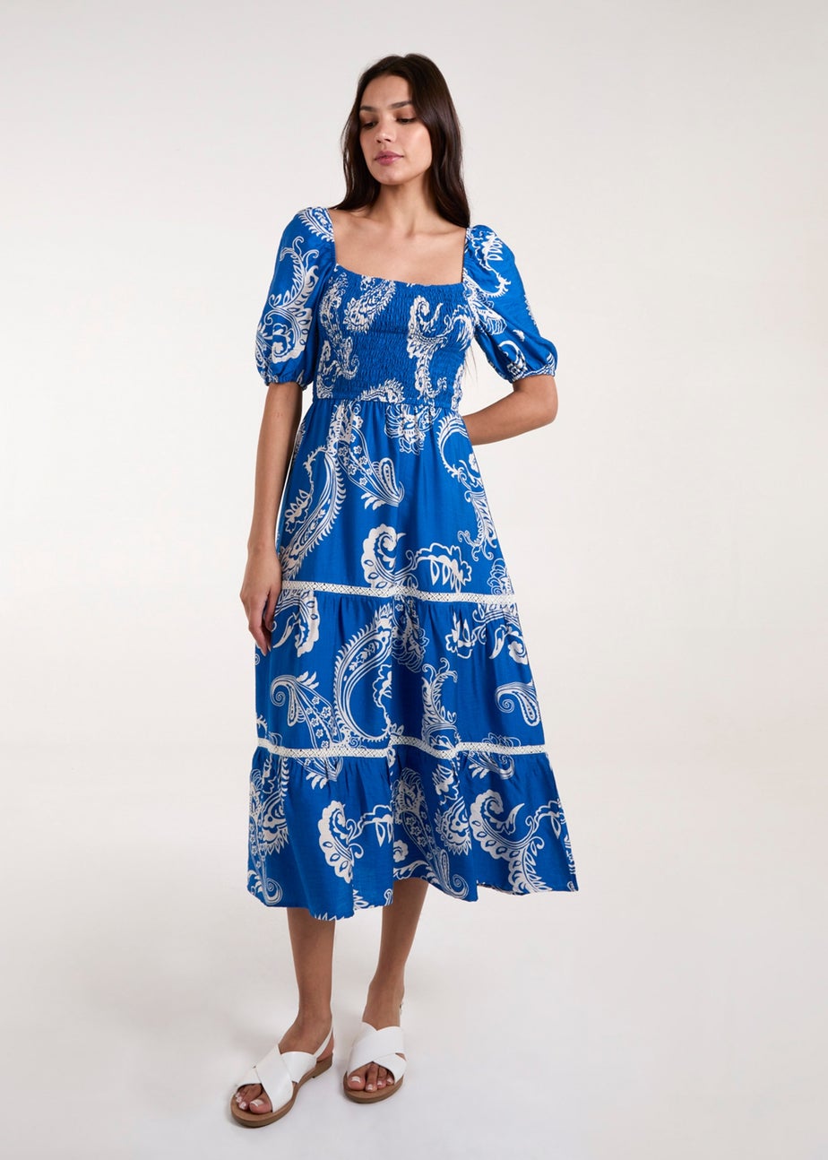 Blue Vanilla Blue Square Neck Puff Sleeve Shirred Waist Midi Dress