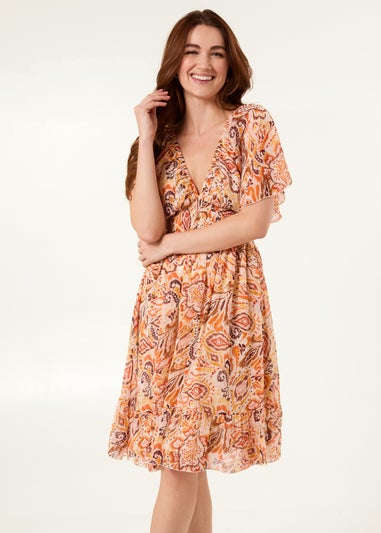 Blue Vanilla Orange V Neck Shirred Waist Mini Dress