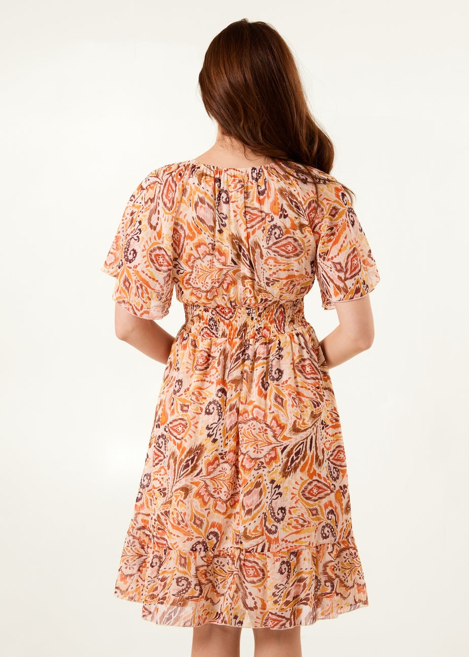 Blue Vanilla Orange V Neck Shirred Waist Mini Dress