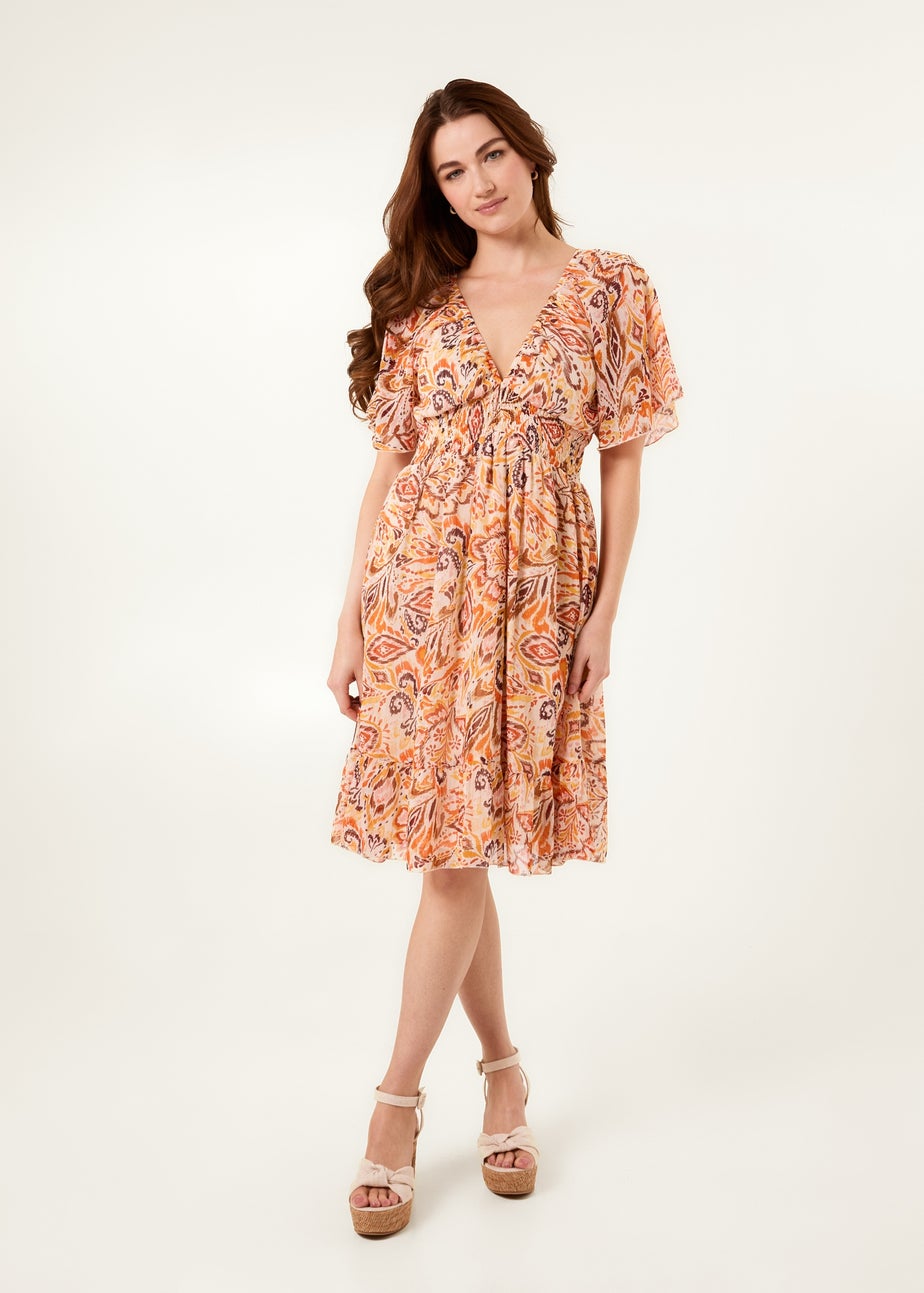 Blue Vanilla Orange V Neck Shirred Waist Mini Dress