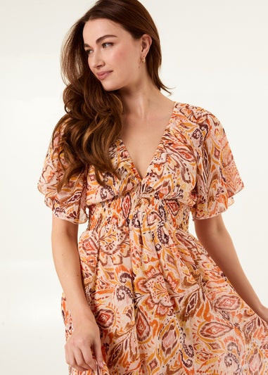 Blue Vanilla Orange V Neck Shirred Waist Mini Dress