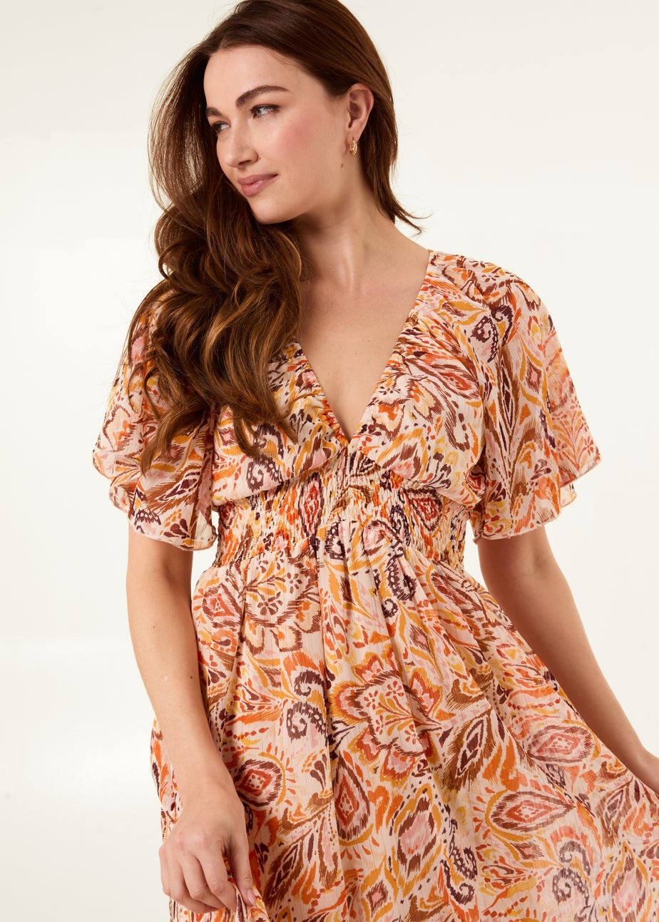 Blue Vanilla Orange V Neck Shirred Waist Mini Dress