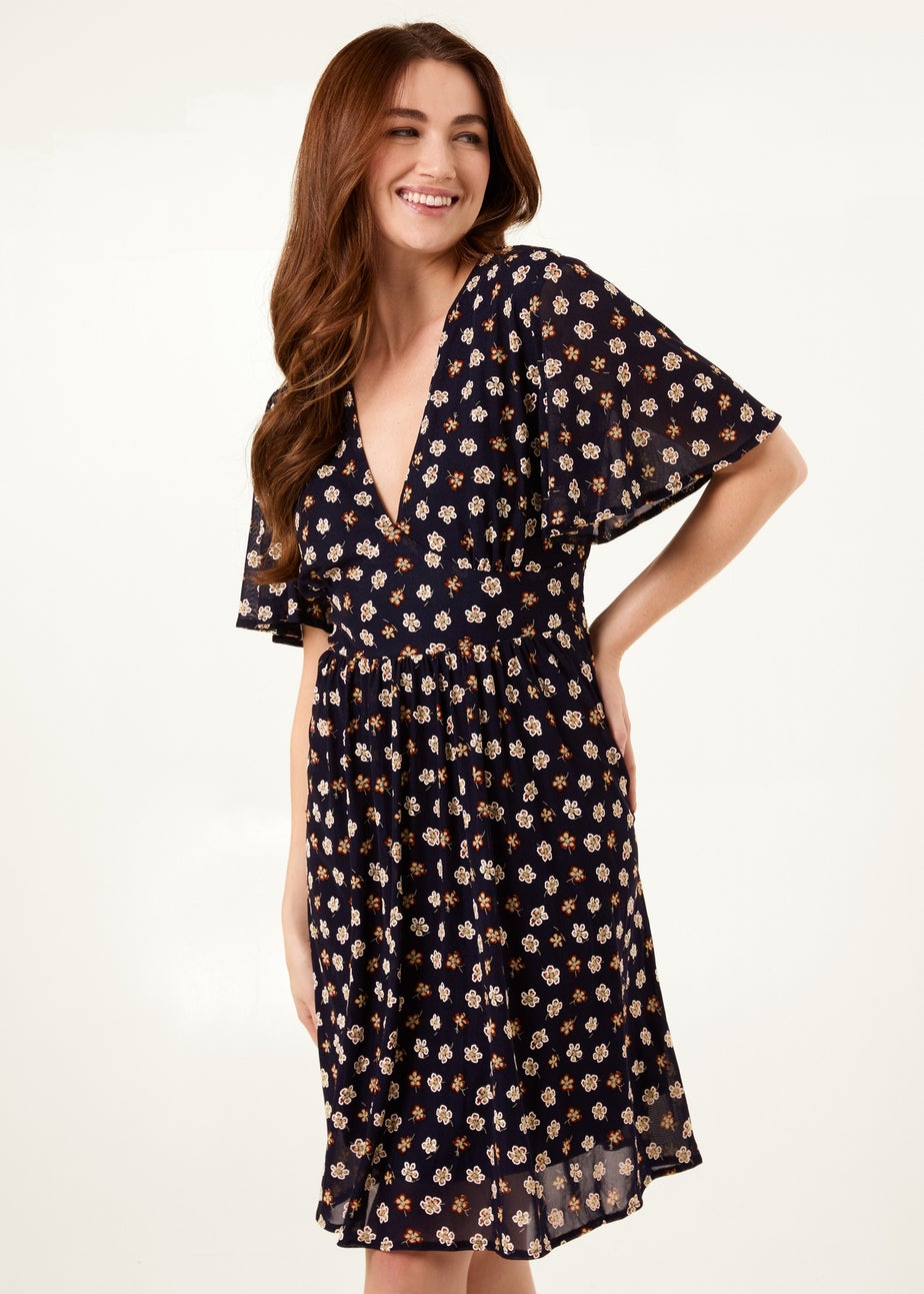 Blue Vanilla Navy V Neck Tie Back Flower Printed Mini Dress